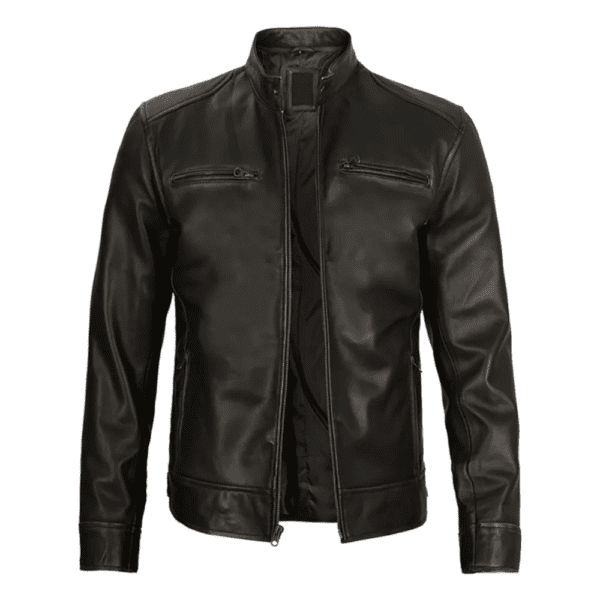 Dodge Mens Rub-off Dark Brown Cafe Racer Leather Jacket Front Side