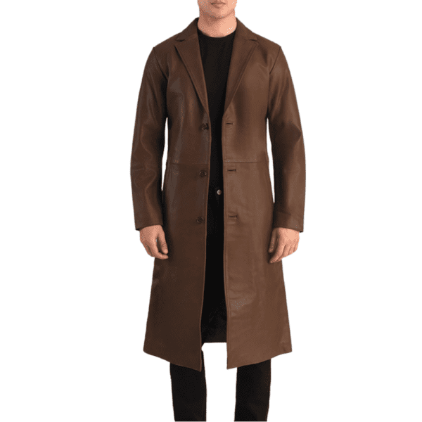 Mateo Brown Leather Single Breasted Coat Front Side