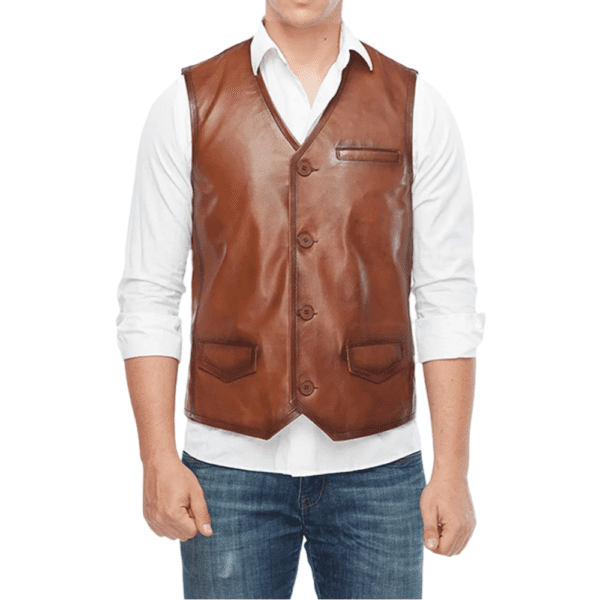 Dominic Adams Men’s 100% Real Distressed Brown Leather Vest Front Side