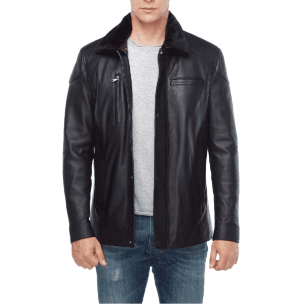 Men’s 100% Real Black Leather Shearling Collar Jacket Front Side