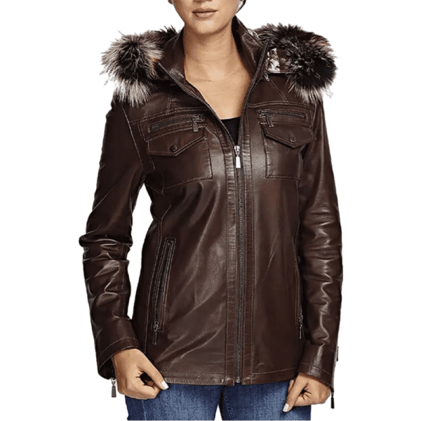 Women’s 100% Real Brown Leather Fur Hooded Jacket Front Side