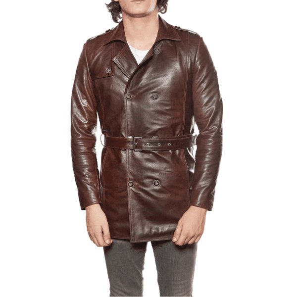 Men’s 100% Real Brown Leather Trench Coat Front Side