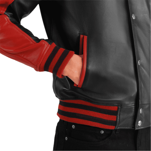 Terrance Black & Red Leather Varsity Jacket Pocket Side