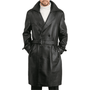 Mens Belted Double Breasted Black Leather Trench Coat Front Side