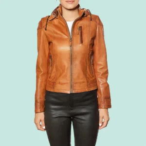 Women’s Tobacco Leather Hooded Sport Jacket Front Side