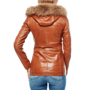 Pinar Women’s 100% Real Tan Leather Hooded Jacket Back Side