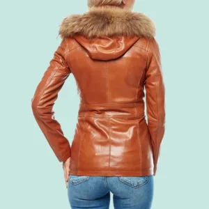 Pinar Women’s 100% Real Tan Leather Hooded Jacket Back Side