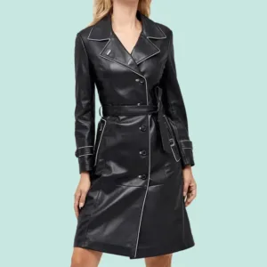 Anastasia Women’s Black Leather Double Breasted Trench Coat Front Buttoned side