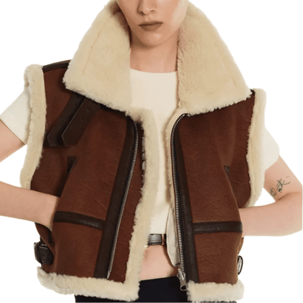 Women Sheepskin Brown Shearling Aviator Leather Vest Front Side