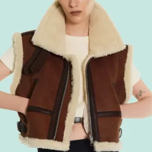 Women Sheepskin Brown Shearling Aviator Leather Vest Front Side