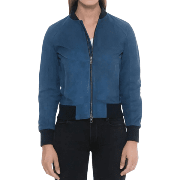 Blue Suede Bomber Jacket with Black Rib Knit Collar Front Side