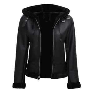 Womens Black Shearling Bomber Leather Jacket with Hood Front Side