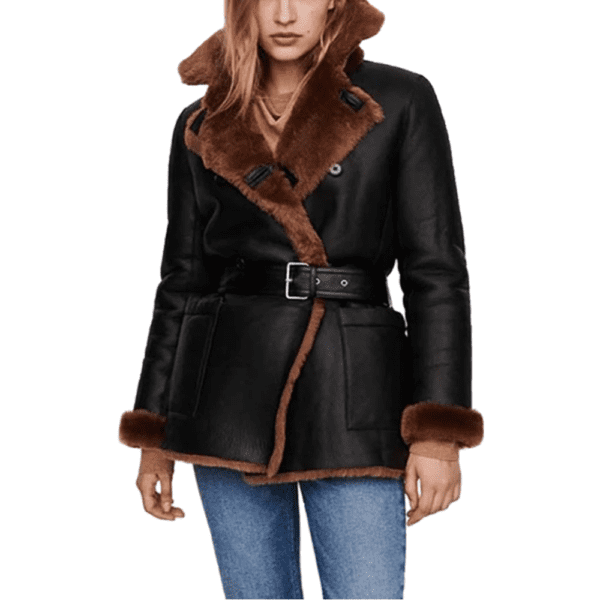 Winter Black Leather Shearling Coat Front Side