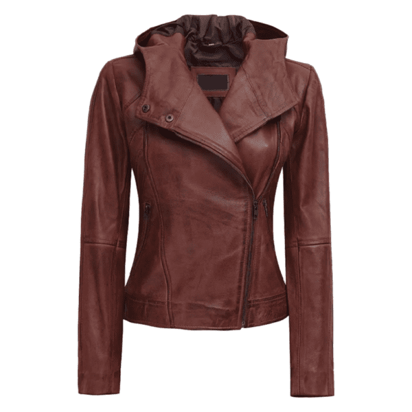 Womens Asymmetrical Motorcycle Leather Jacket with Hood Front Side