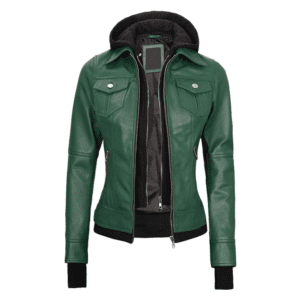 Tralee Womens Green Real Leather Jacket with Hood Front Side