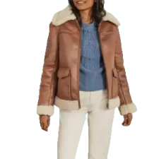 Women Brown Sheepskin Shearling Leather Aviator Front Side