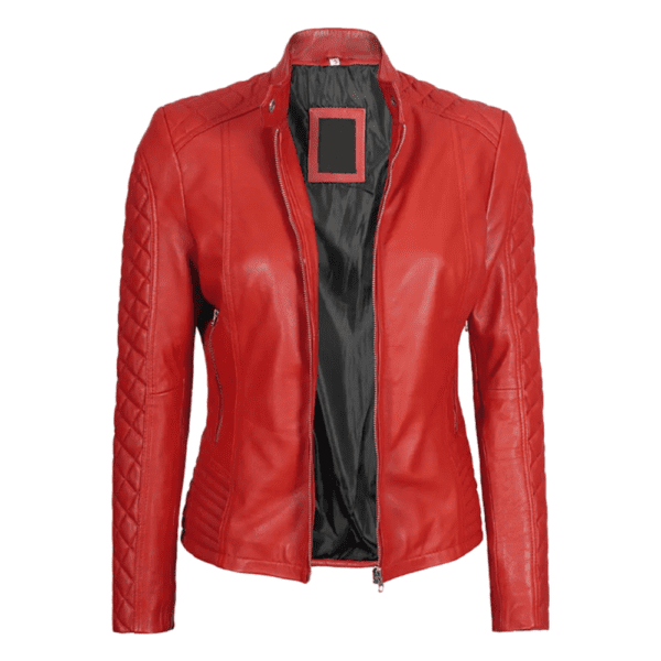 Women Red Quilted Cafe Racer Leather Jacket Front Side