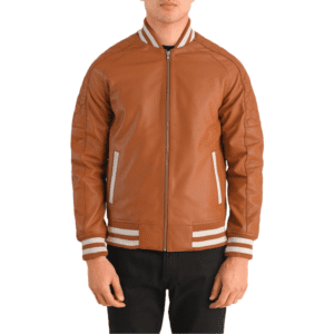 Pascal Tan Brown Leather Varsity Jacket Front Side