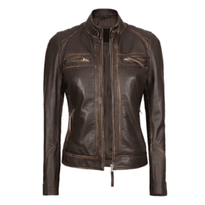 Women's Rub Off Dark Brown Quilted Leather Cafe Racer Jacket with Strap Collar Front Side