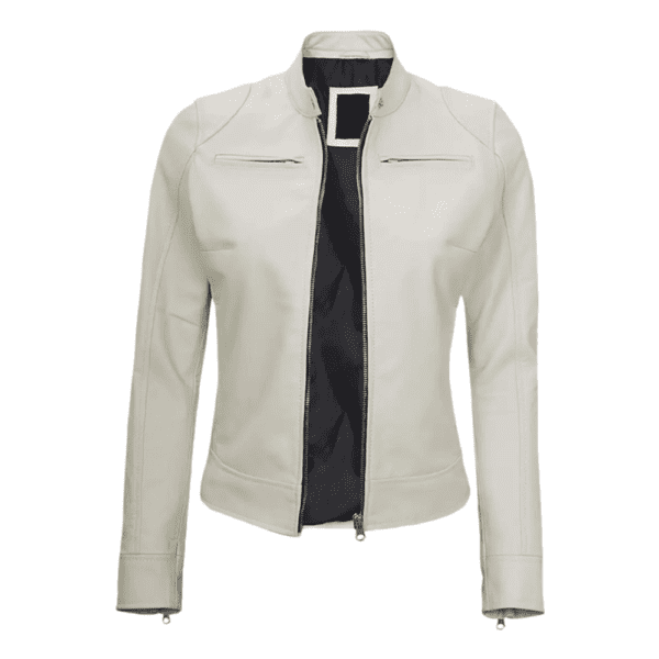 White Leather Motorcycle Cafe Racer Jacket for Women Front Side