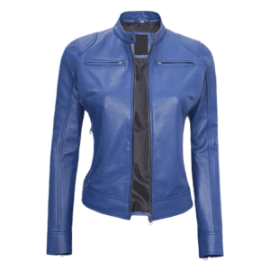 Cafe Racer Women's Blue Leather Jacket Back Front Side