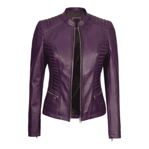 Rachel Purple Cafe Racer Leather Jacket Women's Front Side