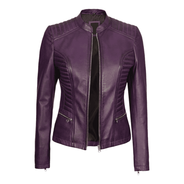 Rachel Purple Cafe Racer Leather Jacket Women's Front Side