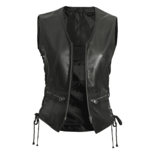 Womens Black Motorcycle Leather Vest Front Side