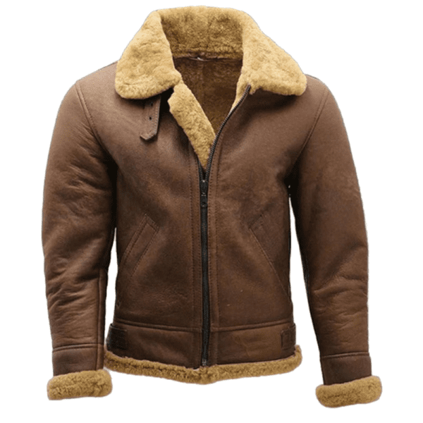 Mens Brown B3 Shearling Sheepskin WW2 Bomber Leather Flying Aviator Front Side