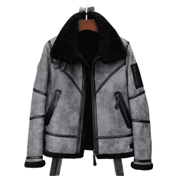 Jeremy Grey Black Shearling Fur SF Bomber Jacket Front Side