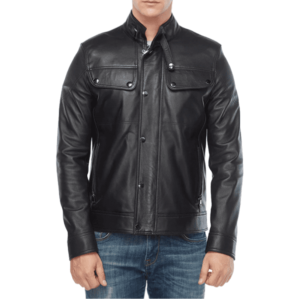 David Beckham Men’s Trucker Style Black Leather Jacket Front Side