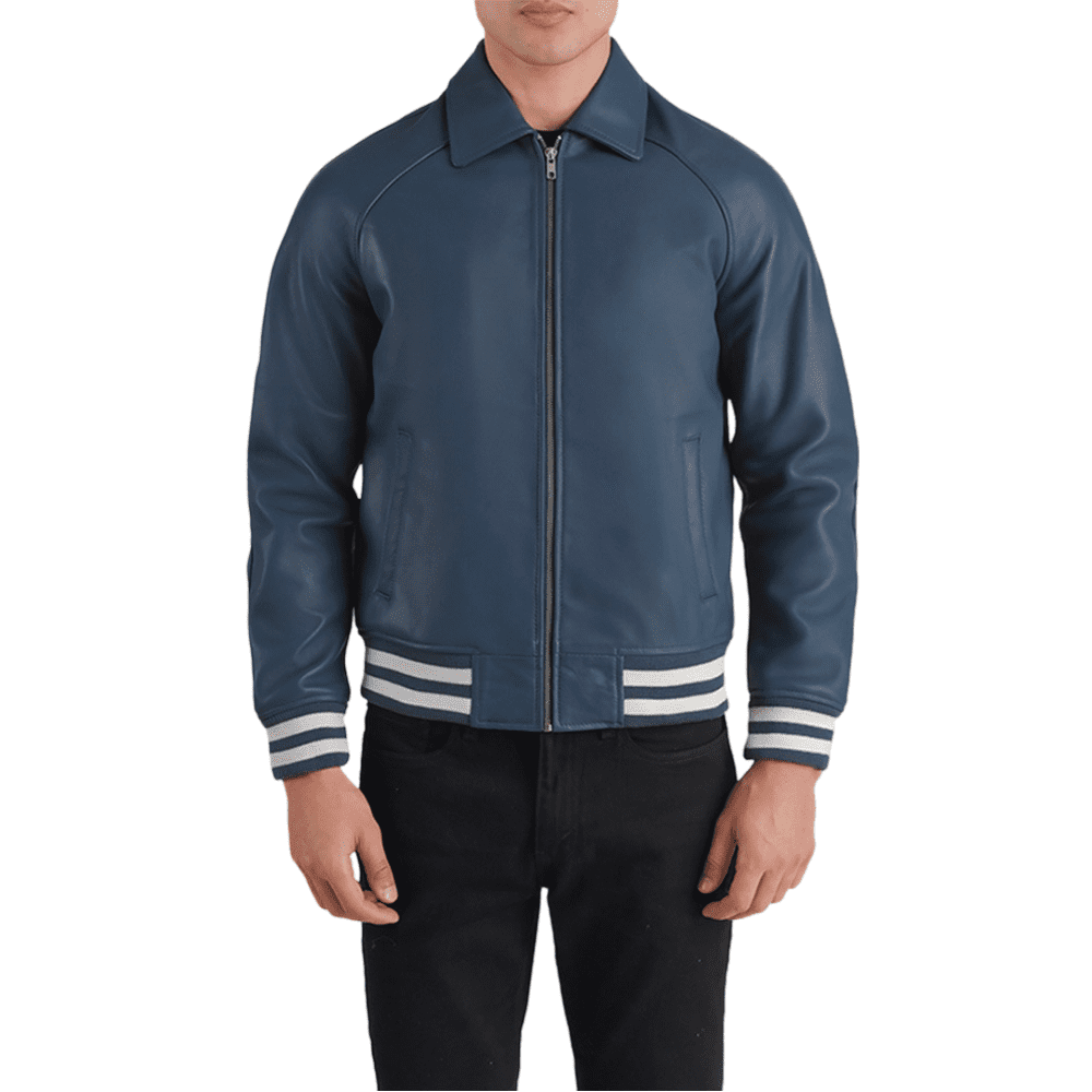 Walton Blue Leather Varsity Jacket Front Side