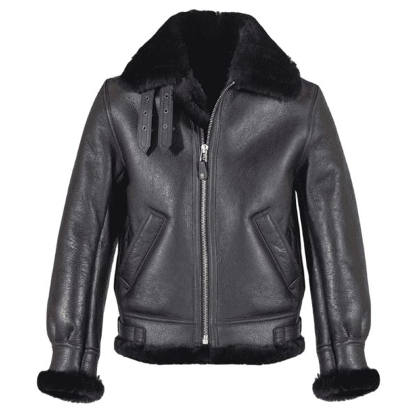 Classic B-3 Sheepskin Black Leather Bomber Jacket Front Side