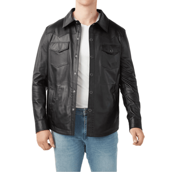 Guido Men’s Real Black Leather Trucker Jacket Front Side