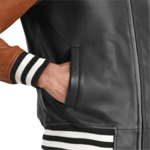 Walton Black & Brown Leather Varsity Jacket Pocket Side