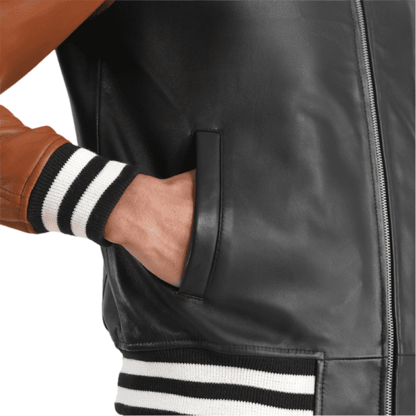 Walton Black & Brown Leather Varsity Jacket Pocket Side