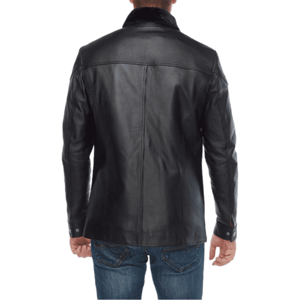 Men’s 100% Real Black Leather Shearling Collar Jacket Back Side