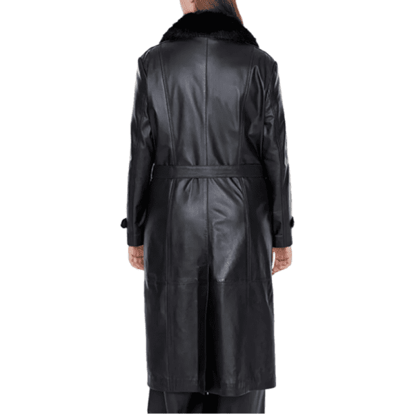 Brenda Women’s Black Leather Fur Collar Buttoned Trench Coat Back Side