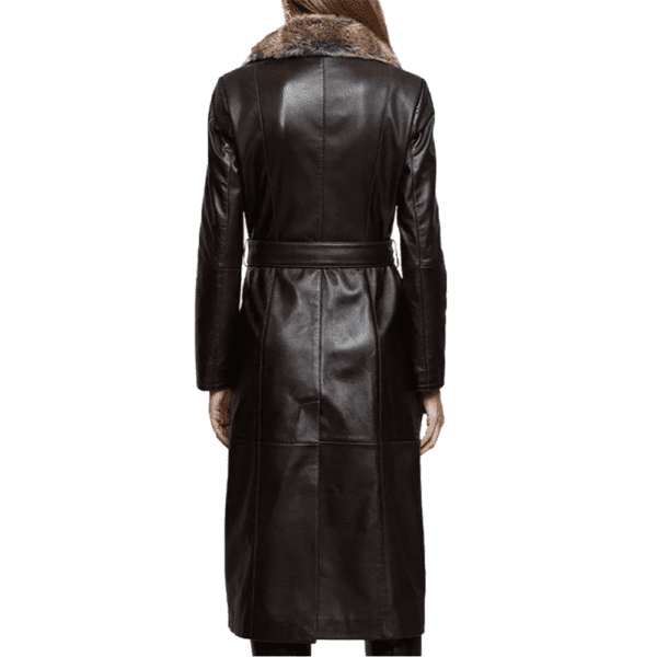 Women’s Black Leather Fur Collar Trench Extra Long Coat Back Side