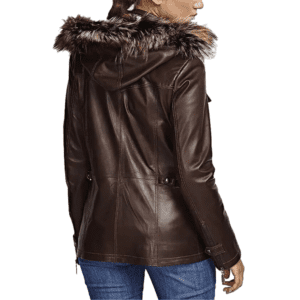 Women’s 100% Real Brown Leather Fur Hooded Jacket Back Side