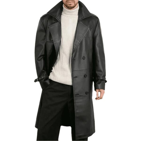 Mens Belted Double Breasted Black Leather Trench Coat Front Side