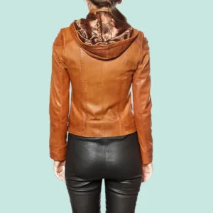 Women’s Tobacco Leather Hooded Sport Jacket Back Side