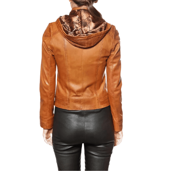 Women’s Tobacco Leather Hooded Sport Jacket Back Side