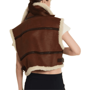 Women Sheepskin Brown Shearling Aviator Leather Vest Back Side