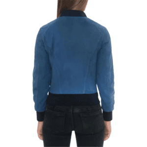 Blue Suede Bomber Jacket with Black Rib Knit Collar Back Side