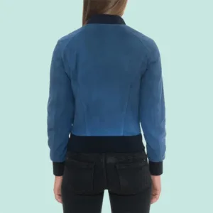 Blue Suede Bomber Jacket with Black Rib Knit Collar Back Side