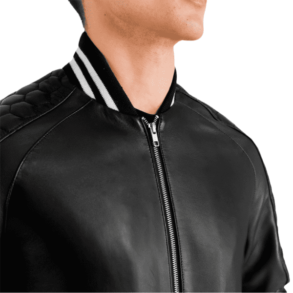 Pascal Black Leather Varsity Jacket Colar Side