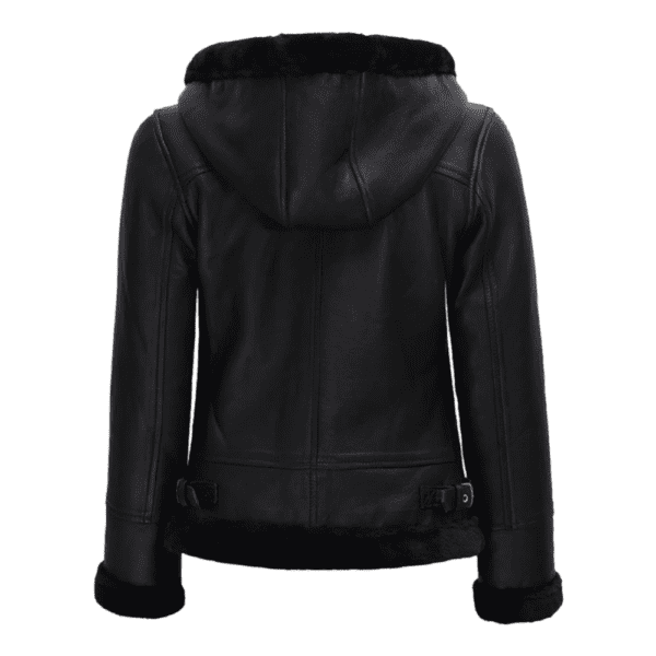 Womens Black Shearling Bomber Leather Jacket with Hood Back Side