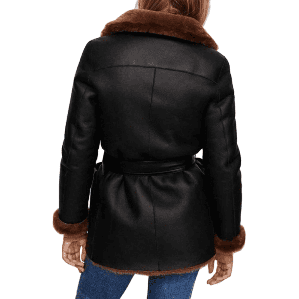 Winter Black Leather Shearling Coat Back Side