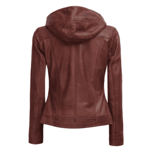 Womens Asymmetrical Motorcycle Leather Jacket with Hood Back Side